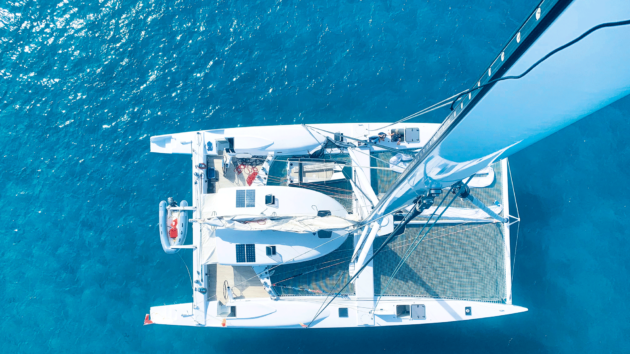 Fine bows and hulls on Mike Kopman’s 72ft fast cruising cat Komotion.